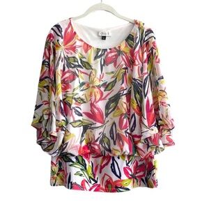 Chaus Blouson Flounce Sleeve Blouse Chiffon Overlay Green Yellow Pink Size L